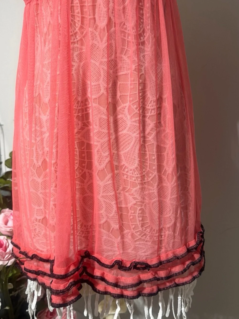 & Other Stories Coral Lace Babydoll Chemise with Black Trim
